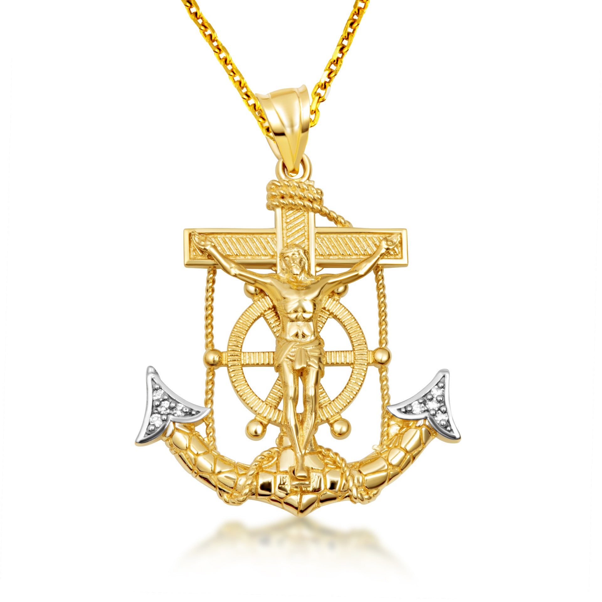 Two-Tone Gold Cubic Zirconia Mariner Cross Crucifix Anchor Jesus Christ Pendant Necklace S/M/l (Available in Yellow/White Gold