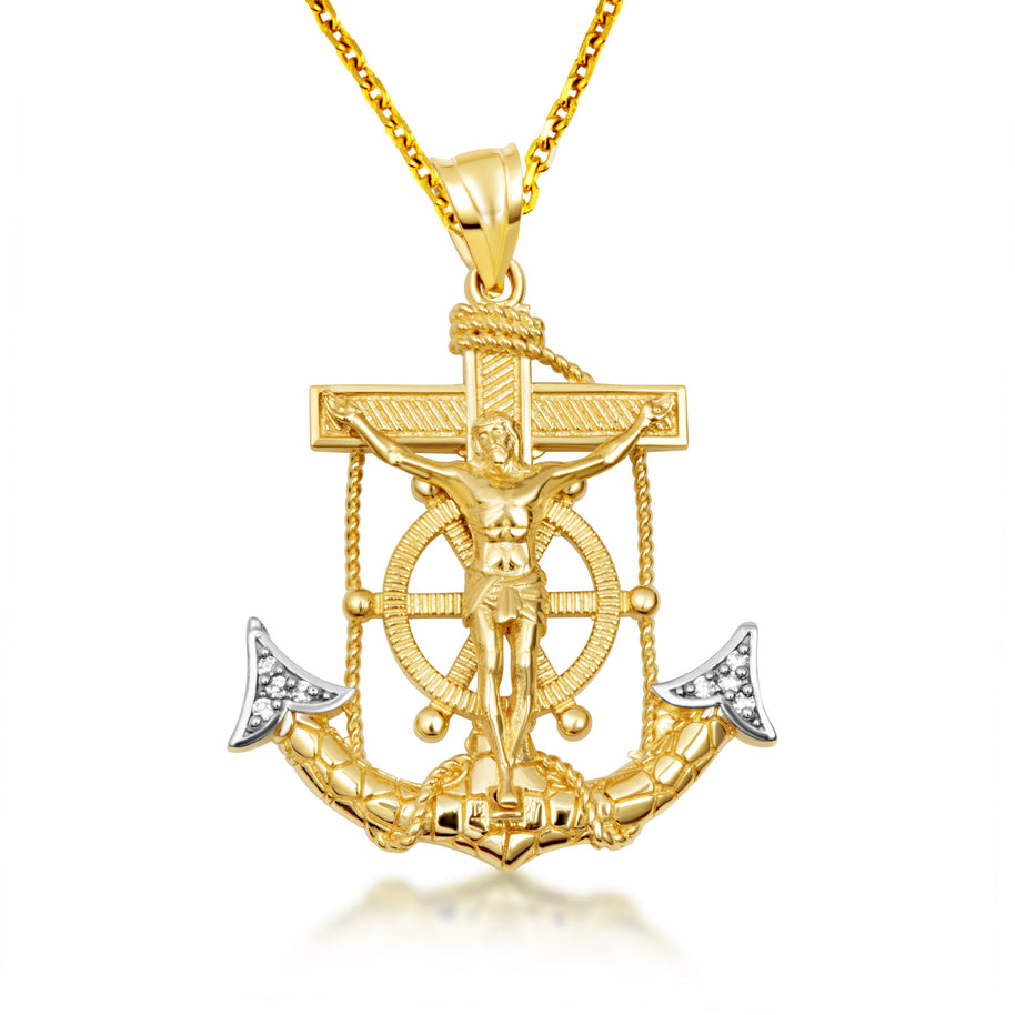 Two-Tone Gold Cubic Zirconia Mariner Cross Crucifix Anchor Jesus Christ Pendant Necklace S/M/l (Available in Yellow/White Gold