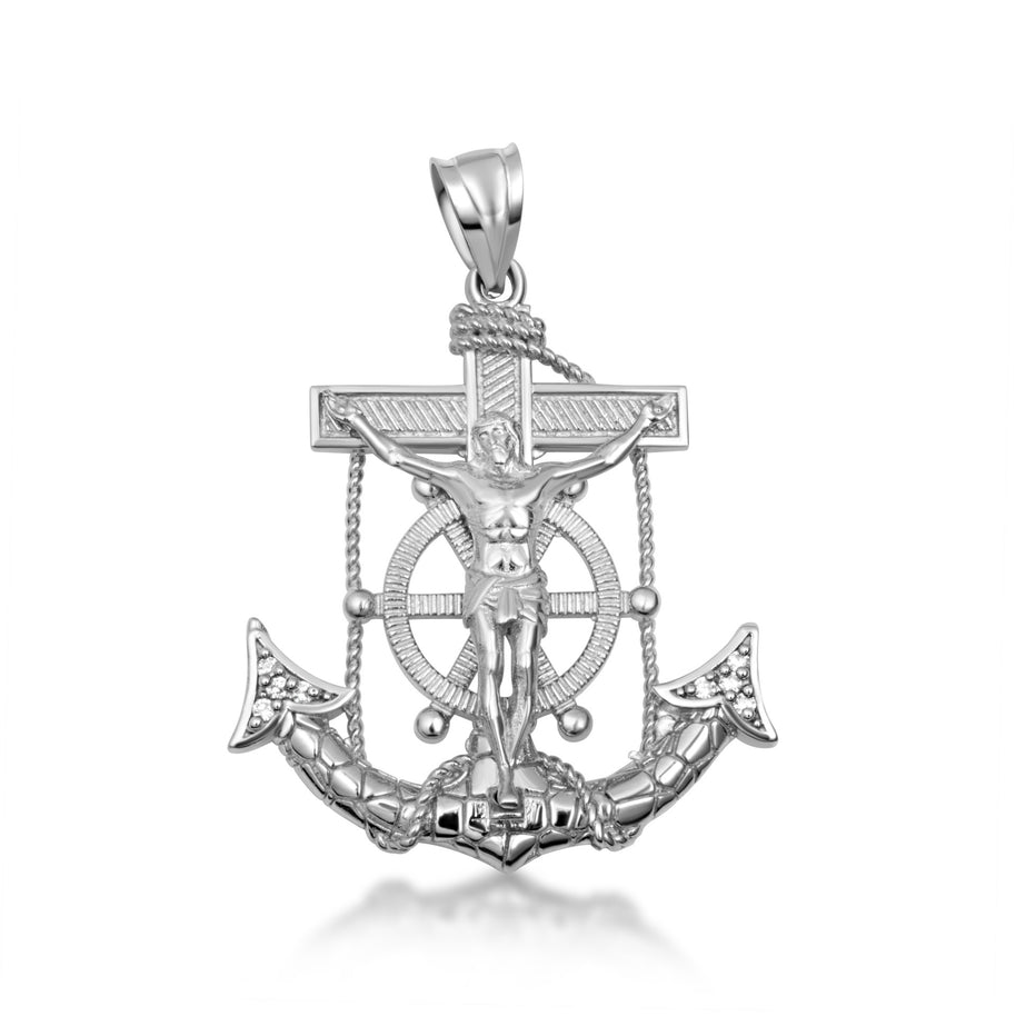 .925 Sterling Silver Cubic Zirconia Nugget Mariner Cross Crucifix Anchor Jesus Christ Pendant Necklace (Available S/M/L)
