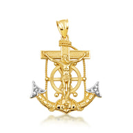 Two-Tone Gold Cubic Zirconia Mariner Cross Crucifix Anchor Jesus Christ Pendant Necklace S/M/l (Available in Yellow/White Gold