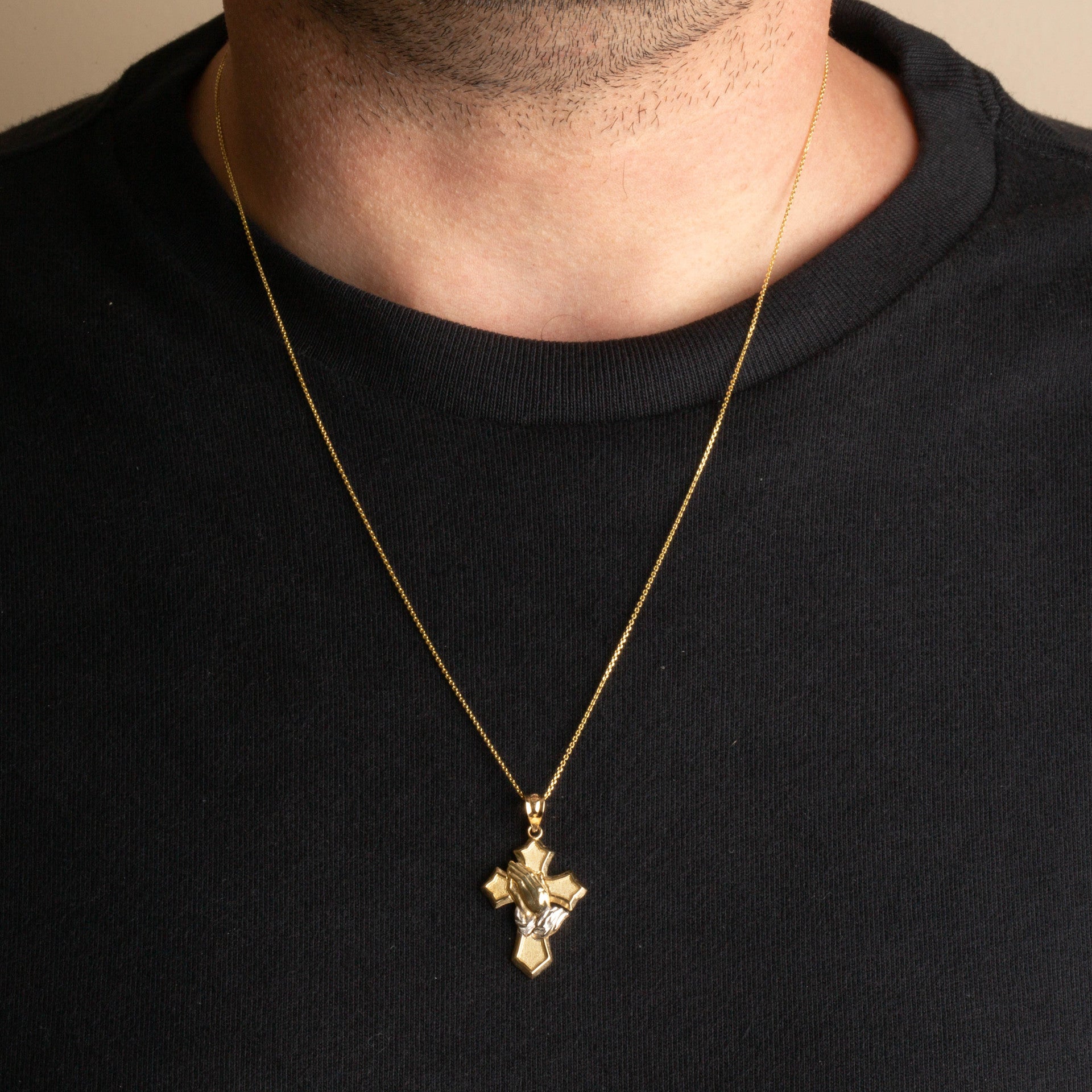 Two-Tone Gold Praying Hands Cross Pendant Necklace