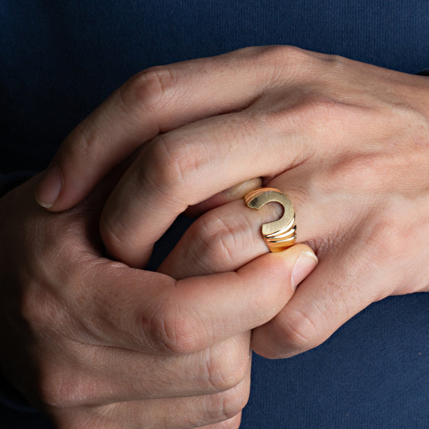 Yellow Gold Lucky Horseshoe Ribbed Ring
