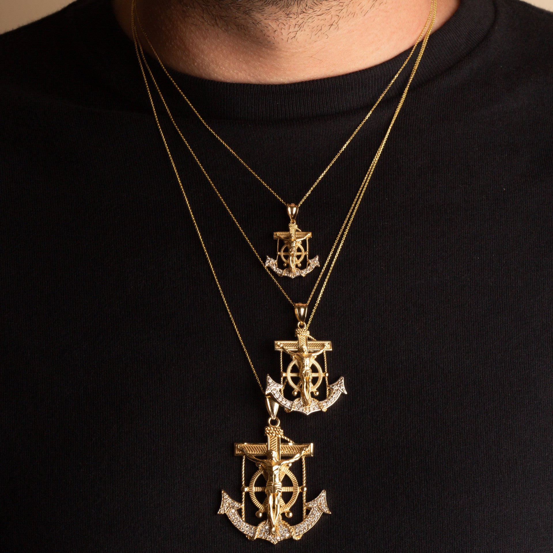 Two-Tone Gold Studded Mariner Cross Crucifix Anchor Jesus Christ Pendant Necklace (Available in Yellow/White Gold & Small/Medium/Large)