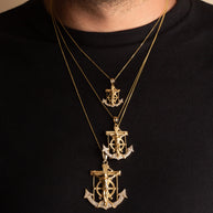 Two-Tone Gold Studded Mariner Cross Crucifix Anchor Jesus Christ Pendant Necklace (Available in Yellow/White Gold & Small/Medium/Large)