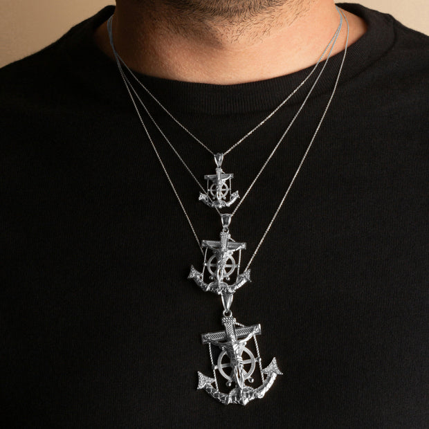 .925 Sterling Silver Cubic Zirconia Nugget Mariner Cross Crucifix Anchor Jesus Christ Pendant Necklace (Available S/M/L)