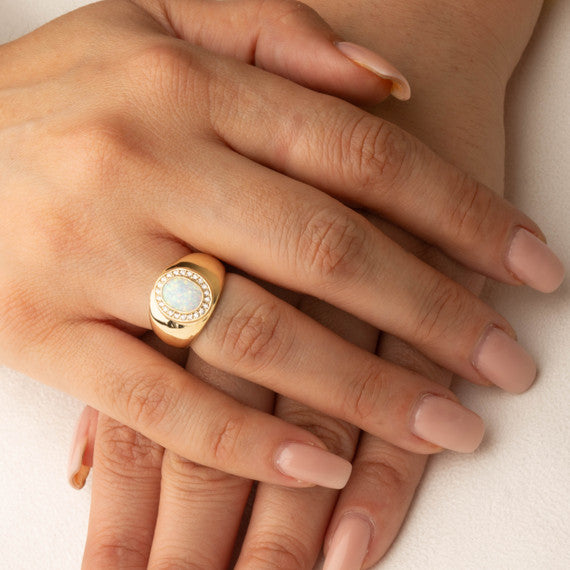 Gold Oval Natural Opal Gemstone Diamond Halo Signet Ring (Available in Yellow/Rose/White Gold)