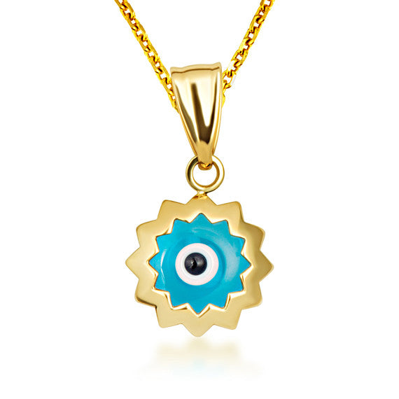 Yellow Gold Blue Enamel Evil Eye Flower Pendant Necklace