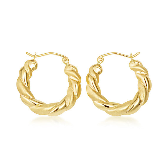 Yellow Gold Diamond Cut Satin Finish Twist Hoop Earrings