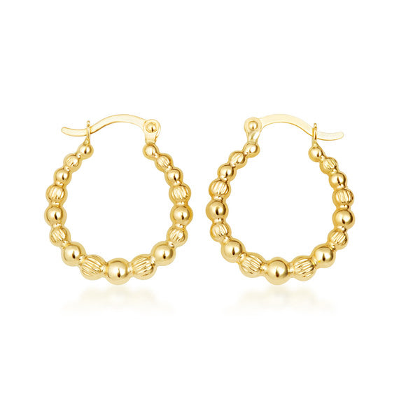 Yellow Gold Beaded Textured Hoop Earrings