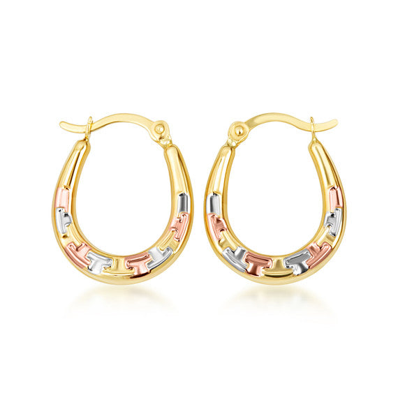 Tri-Color Gold Greek Key Hoop Earrings