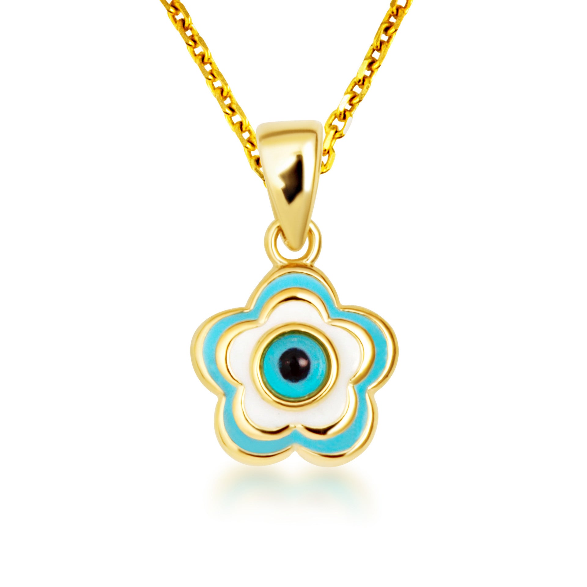 14K Yellow Gold Blue Enamel Flower Evil Eye Of Protection Pendant Necklace