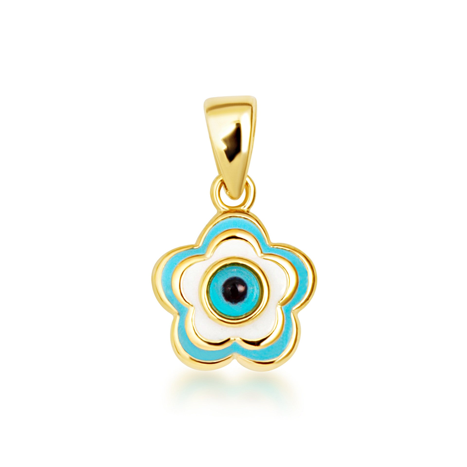 14K Yellow Gold Blue Enamel Flower Evil Eye Of Protection Pendant Necklace