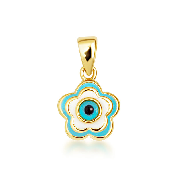 14K Yellow Gold Blue Enamel Flower Evil Eye Of Protection Pendant Necklace