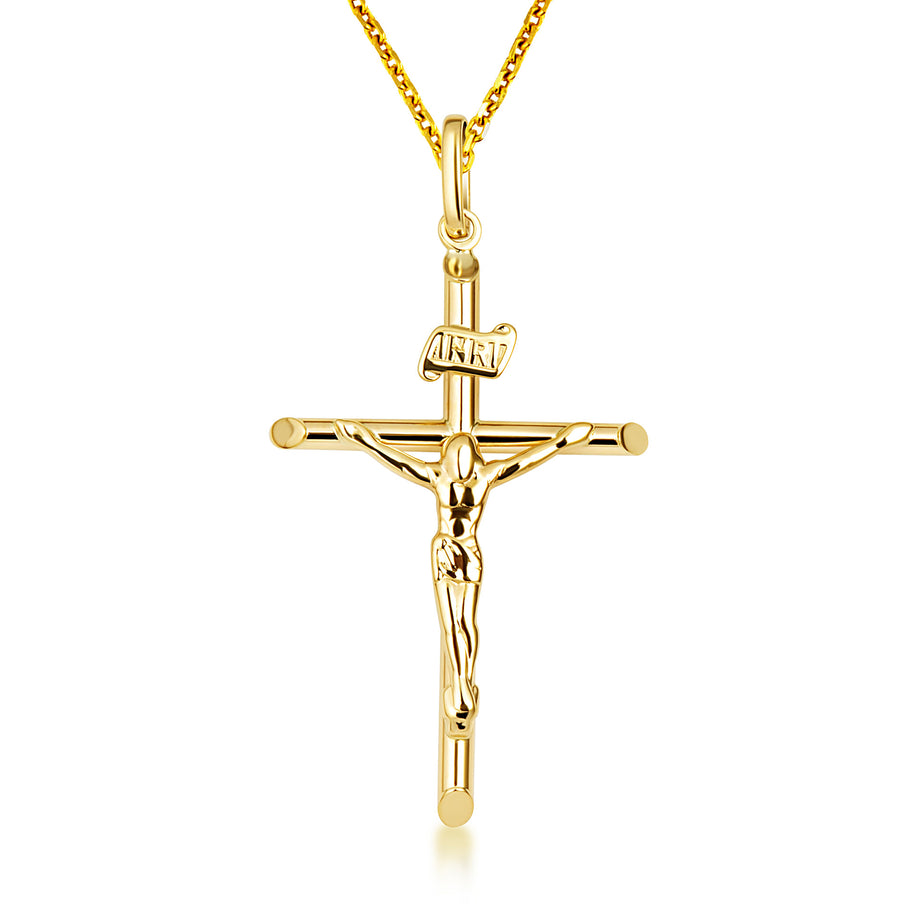 14K Yellow Gold INRI Cross Crucifix Jesus Christ Pendant Necklace
