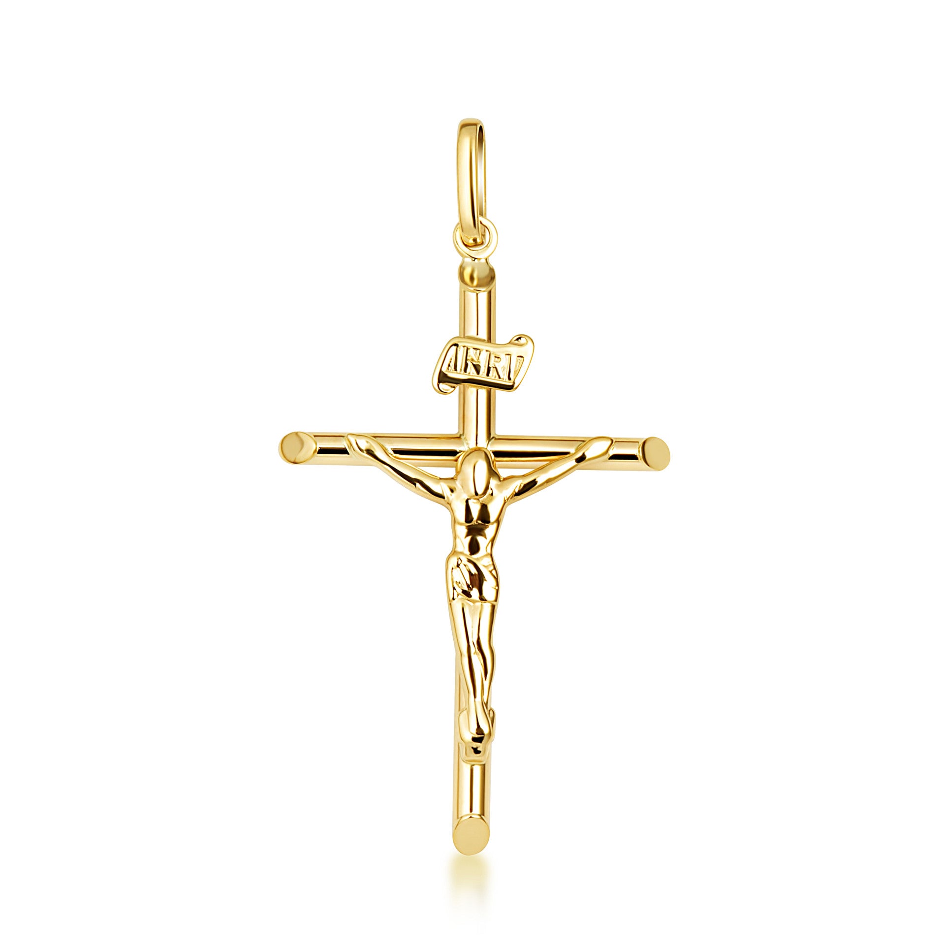 14K Yellow Gold INRI Cross Crucifix Jesus Christ Pendant Necklace