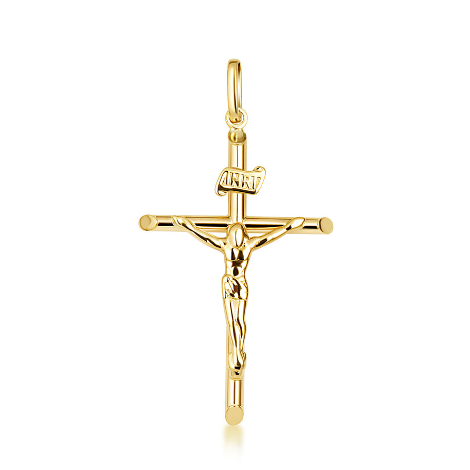 14K Yellow Gold INRI Cross Crucifix Jesus Christ Pendant Necklace