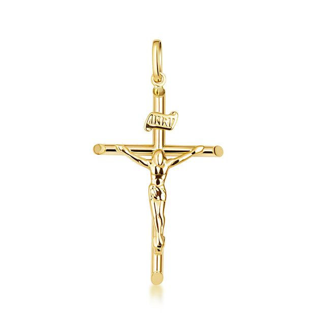 14K Yellow Gold INRI Cross Crucifix Jesus Christ Pendant Necklace