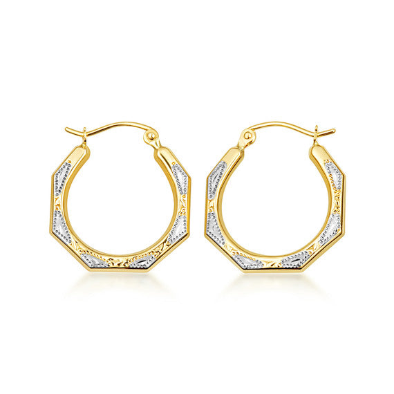 14K Two-Tone Gold Hoop Textured Earrings