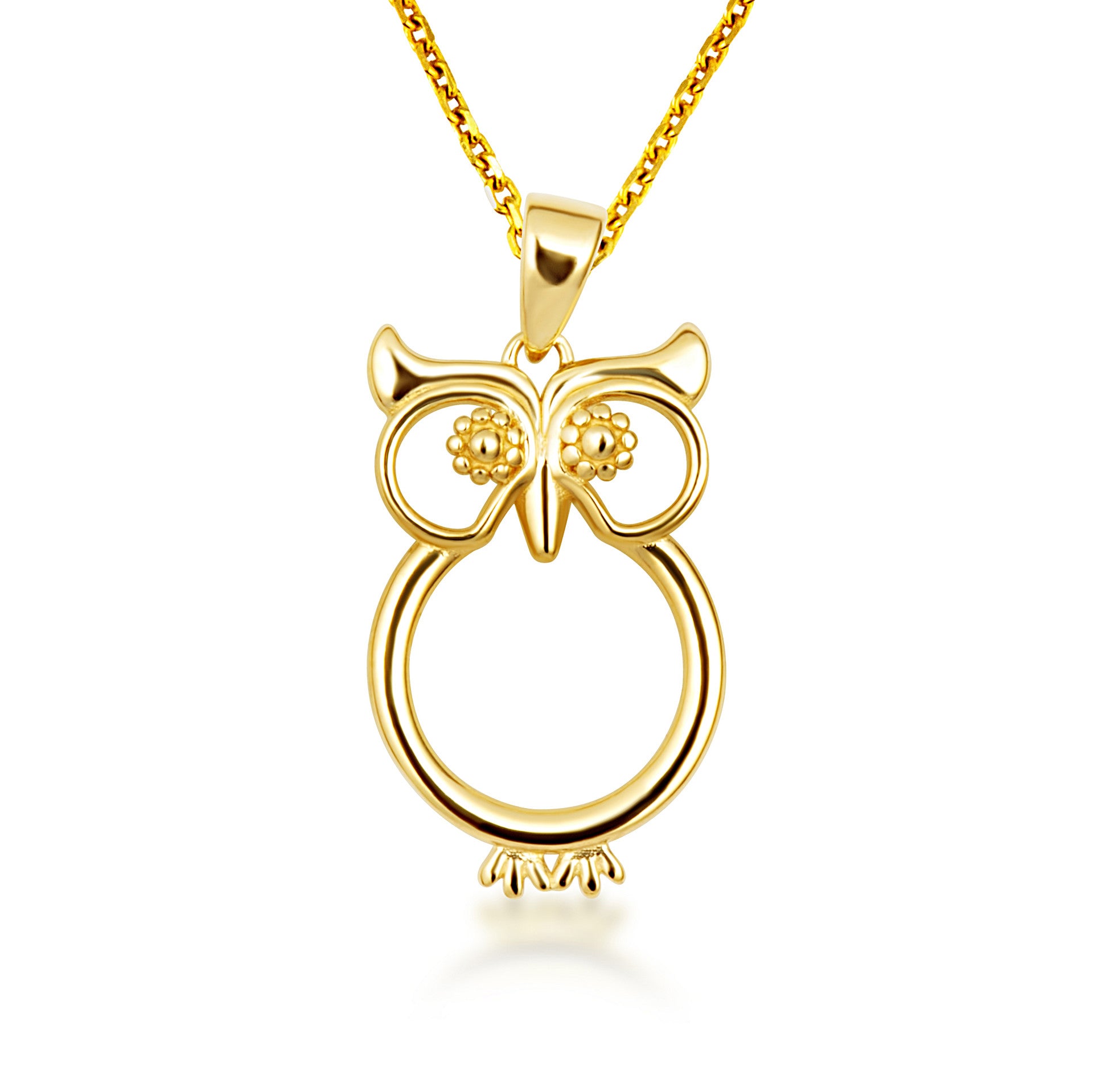 14K Yellow Gold Wise Owl Lucky Charm Pendant Necklace