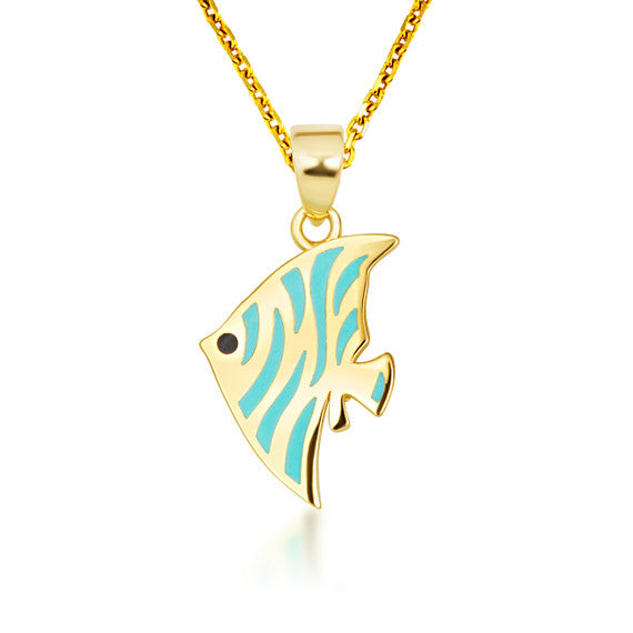 14K Yellow Gold Enamel Fish Ocean Charm Pendant Necklace