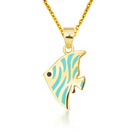 14K Yellow Gold Enamel Fish Ocean Charm Pendant Necklace