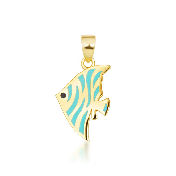 14K Yellow Gold Enamel Fish Ocean Charm Pendant Necklace