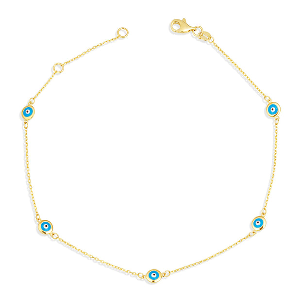 14K Yellow Gold Evil Eye Enamel Protection Anklet