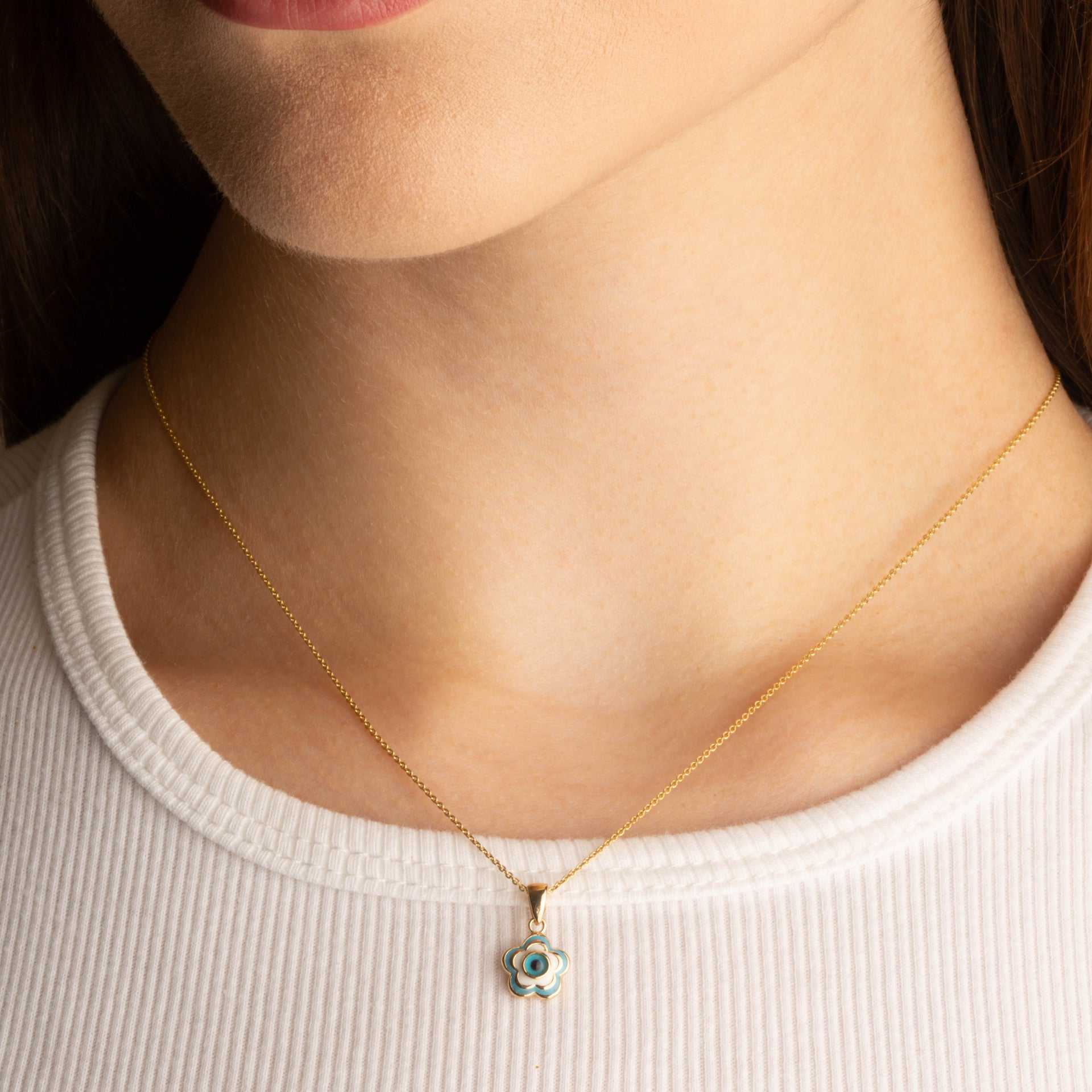 14K Yellow Gold Blue Enamel Flower Evil Eye Of Protection Pendant Necklace