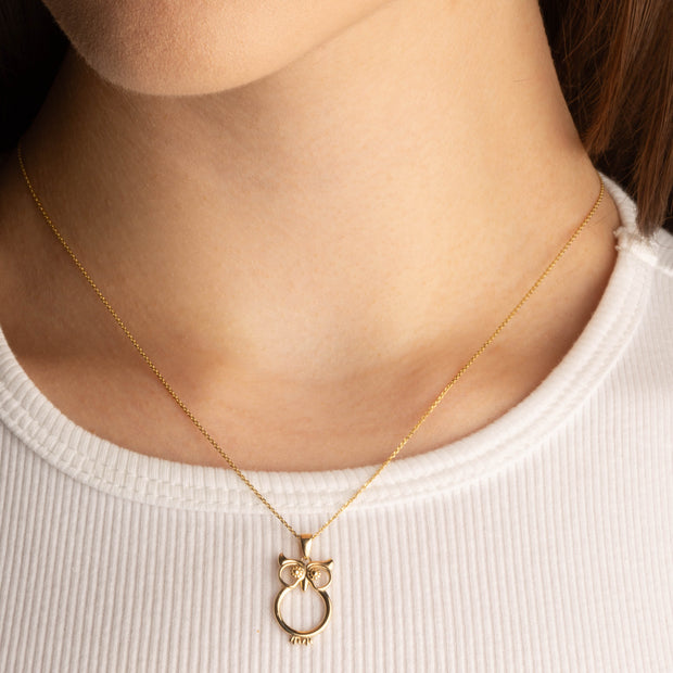14K Yellow Gold Wise Owl Lucky Charm Pendant Necklace