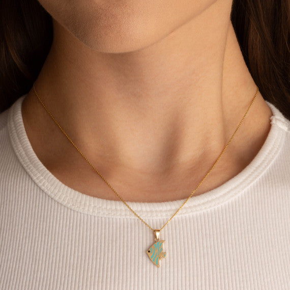14K Yellow Gold Enamel Fish Ocean Charm Pendant Necklace
