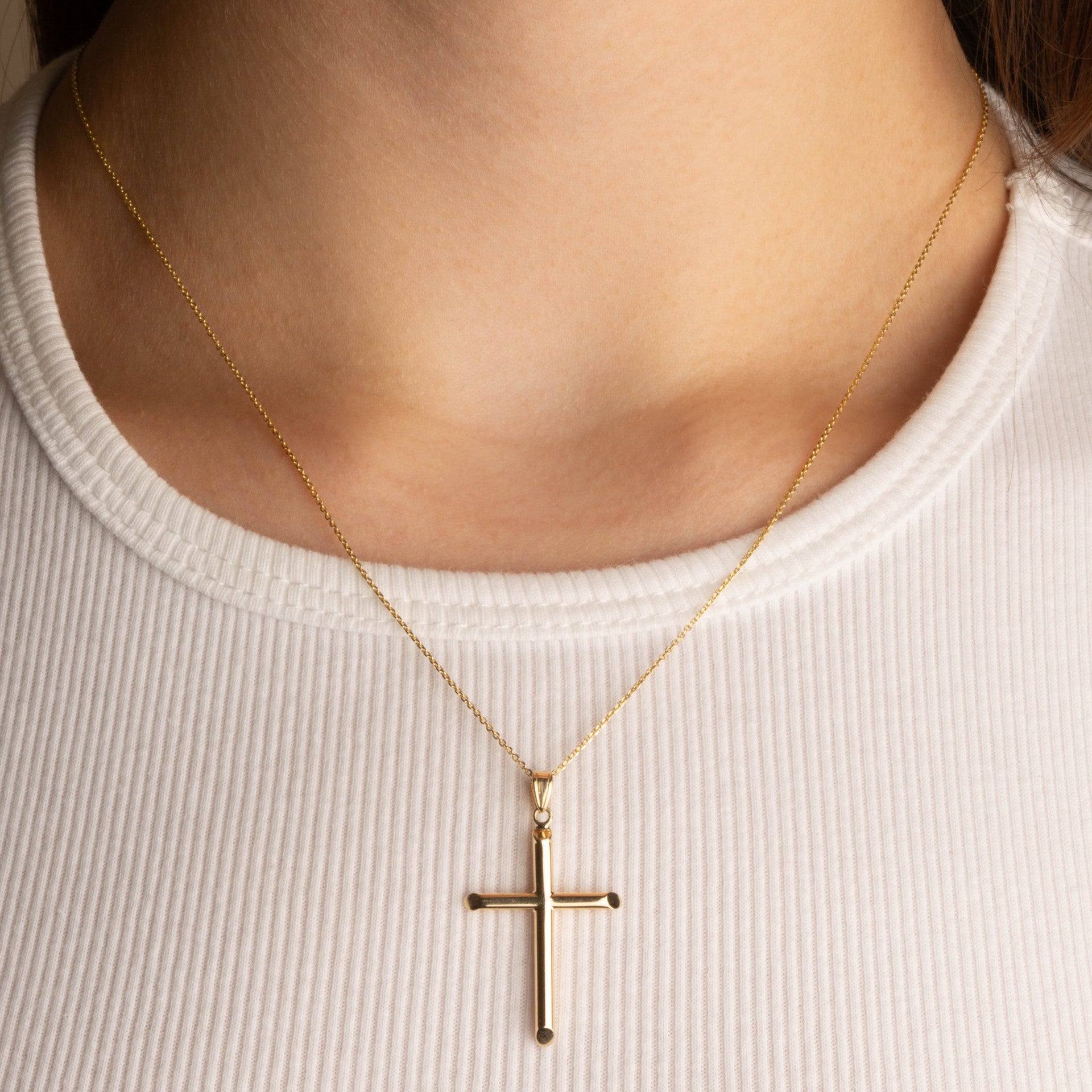 14K Gold Religious Cross Crucifix Tube Pendant Necklace (Available in Yellow/White Gold)