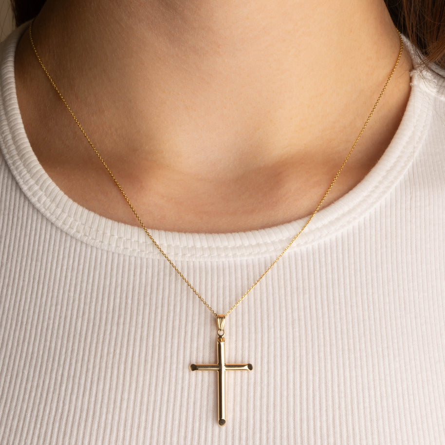 14K Gold Religious Cross Crucifix Tube Pendant Necklace (Available in Yellow/White Gold)