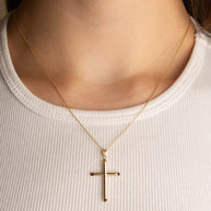 14K Gold Religious Cross Crucifix Tube Pendant Necklace (Available in Yellow/White Gold)