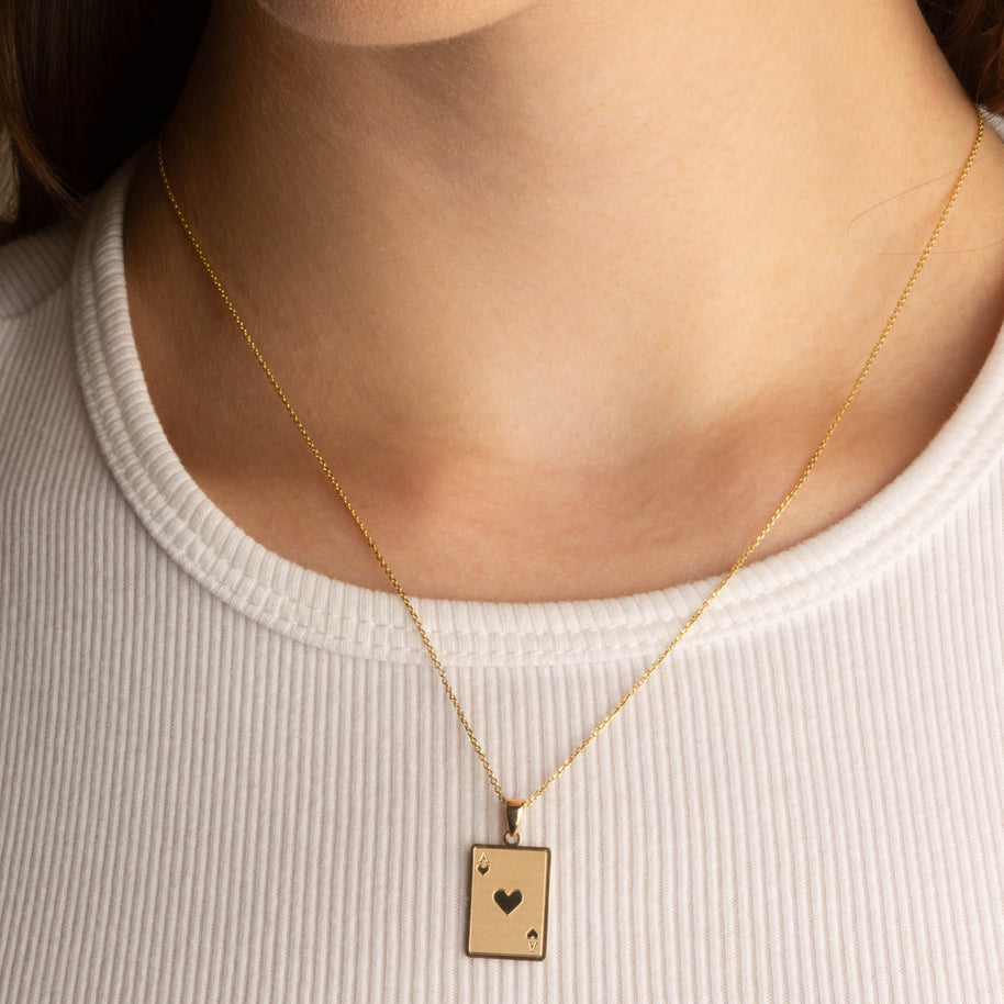 14K Yellow Gold Ace Of Hearts Playing Cards Pendant Necklace