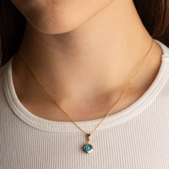 Yellow Gold Blue Enamel Evil Eye Flower Pendant Necklace