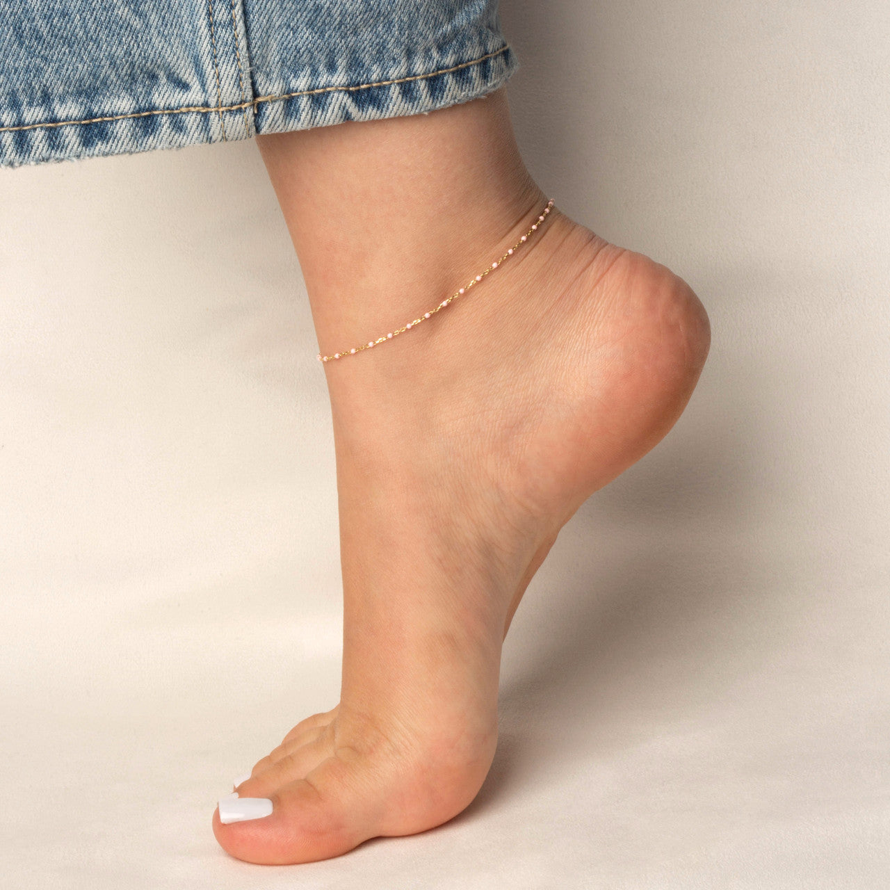 14K Yellow Gold White Enamel Bead Anklet
