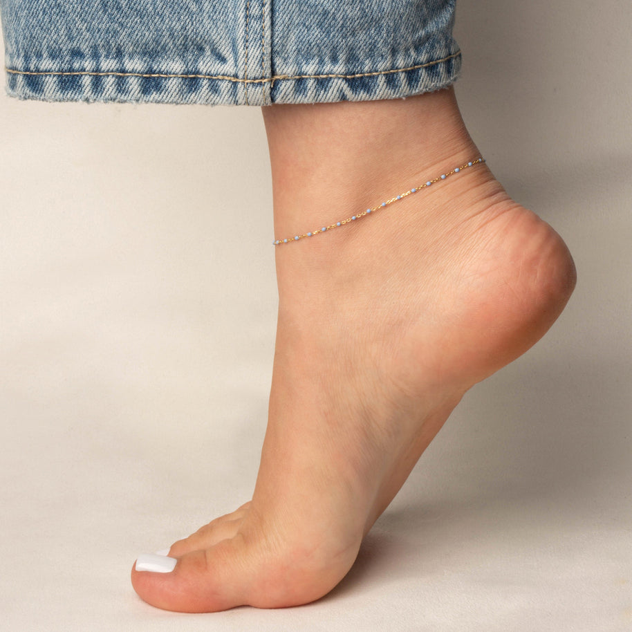 14K Yellow Gold Blue Enamel Bead Anklet