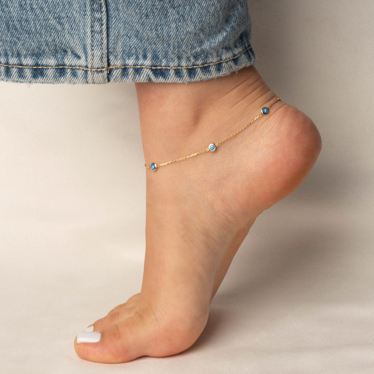 14K Yellow Gold Evil Eye Enamel Protection Anklet