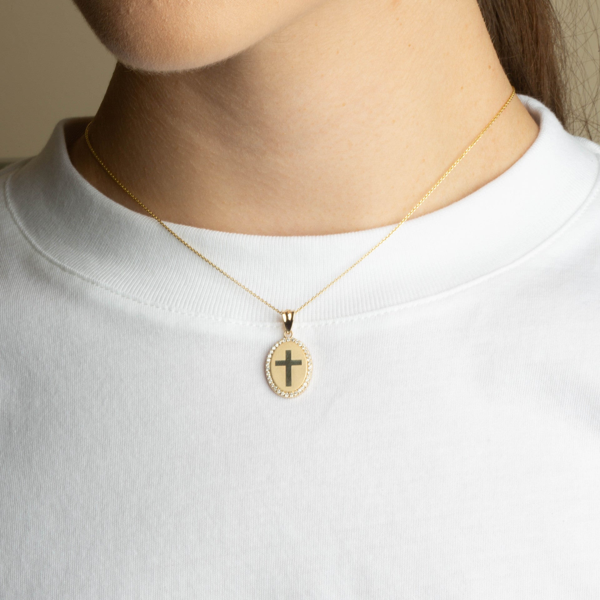 Gold Diamond Cross Halo Oval Medallion Pendant Necklace (Available in Yellow/Rose/White Gold)