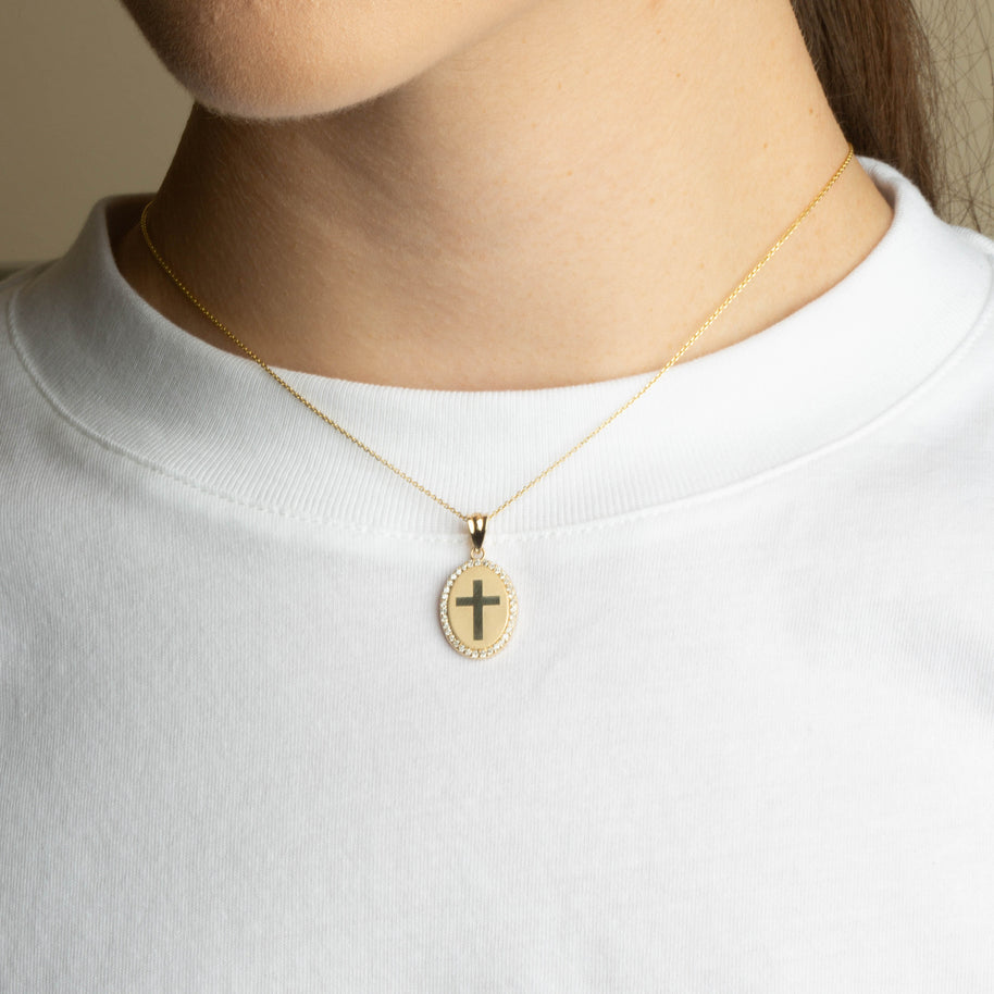 Gold Diamond Cross Halo Oval Medallion Pendant Necklace (Available in Yellow/Rose/White Gold)