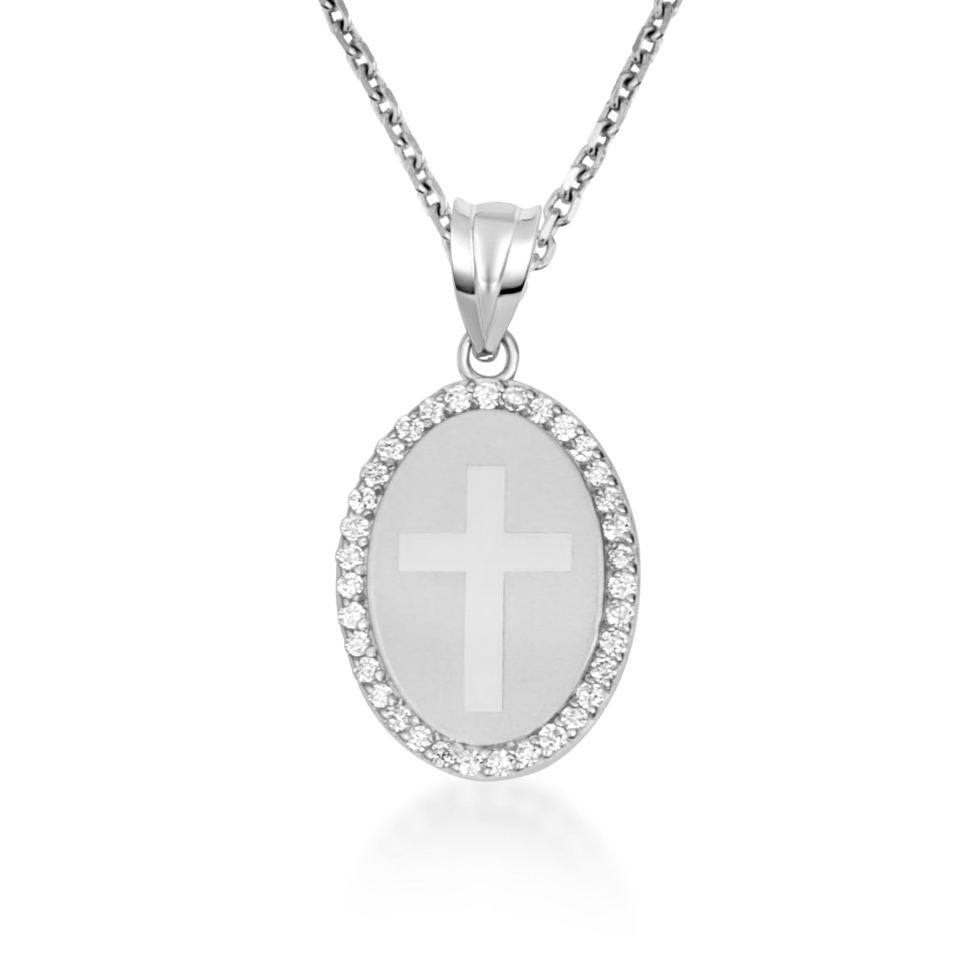 Gold Diamond Cross Halo Oval Medallion Pendant Necklace (Available in Yellow/Rose/White Gold)