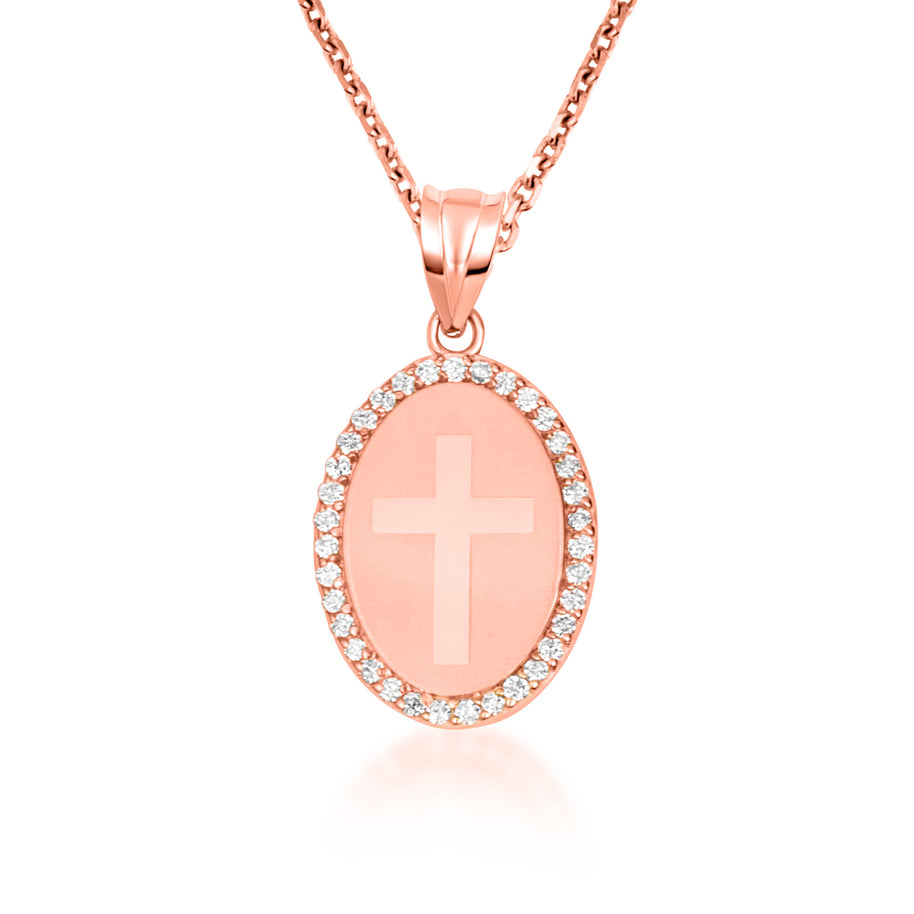 Gold Diamond Cross Halo Oval Medallion Pendant Necklace (Available in Yellow/Rose/White Gold)