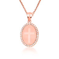 Gold Diamond Cross Halo Oval Medallion Pendant Necklace (Available in Yellow/Rose/White Gold)