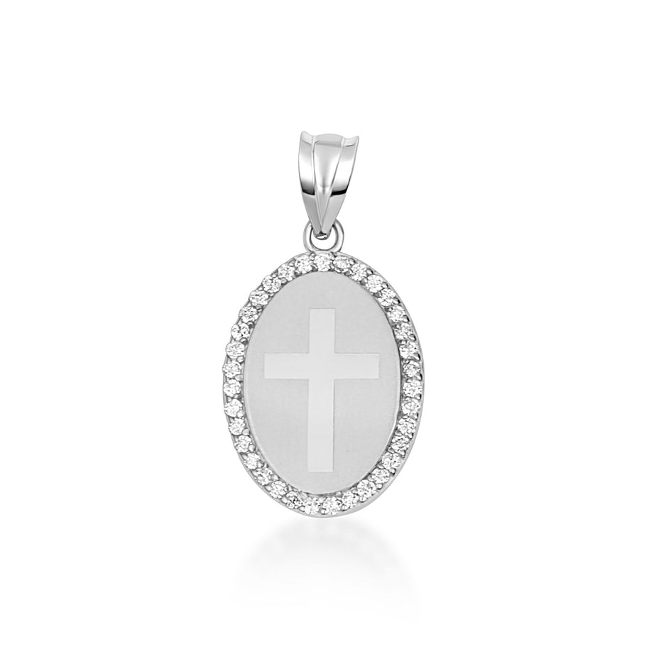 Gold Diamond Cross Halo Oval Medallion Pendant Necklace (Available in Yellow/Rose/White Gold)