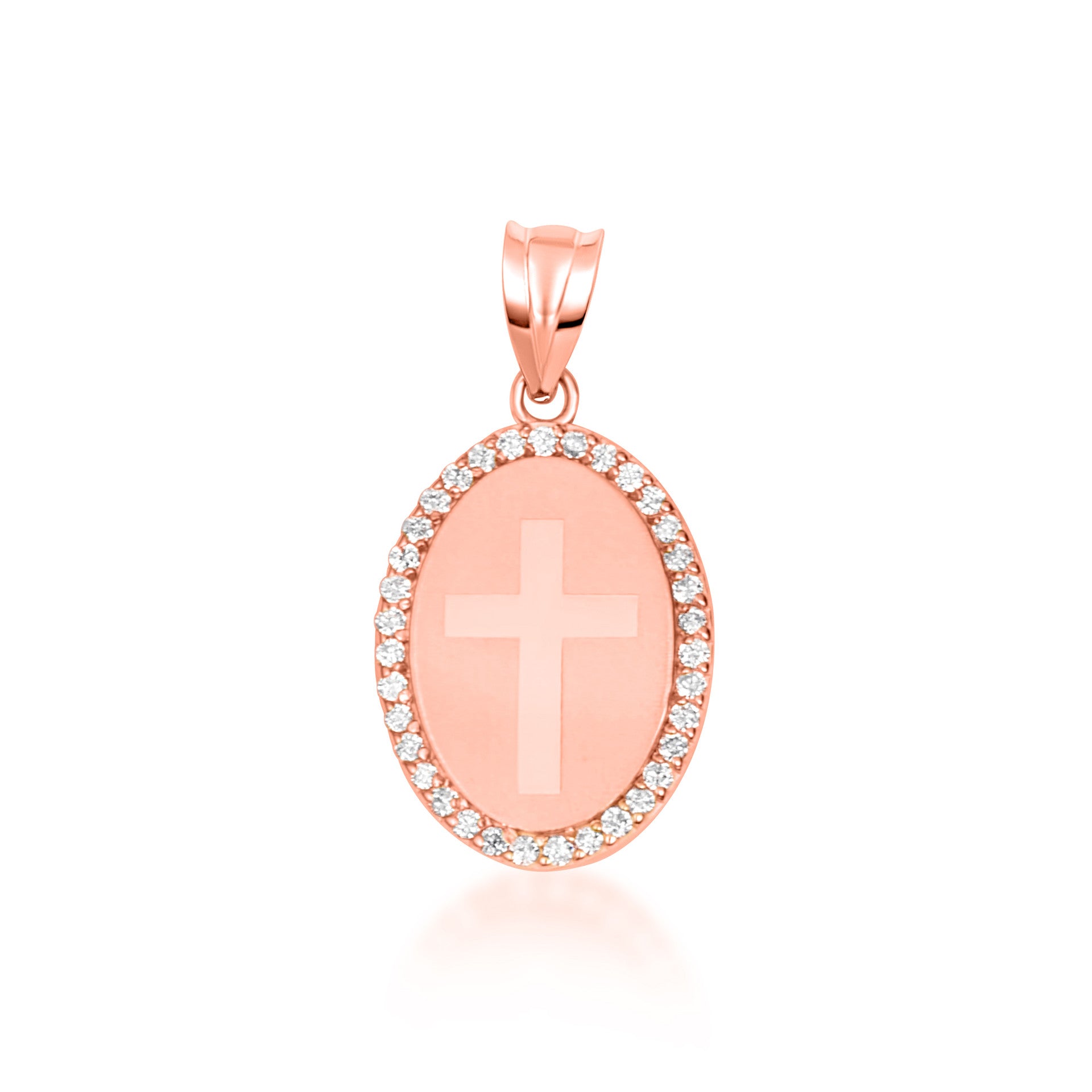 Gold Diamond Cross Halo Oval Medallion Pendant Necklace (Available in Yellow/Rose/White Gold)
