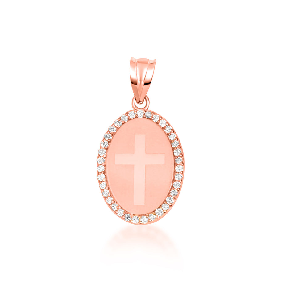 Gold Diamond Cross Halo Oval Medallion Pendant Necklace (Available in Yellow/Rose/White Gold)