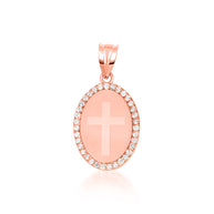 Gold Diamond Cross Halo Oval Medallion Pendant Necklace (Available in Yellow/Rose/White Gold)