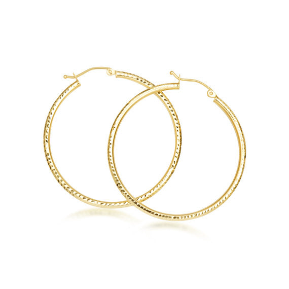 Yellow Gold Textured Diamond Cut Tube Hoop Earrings (Available in Small/Large)