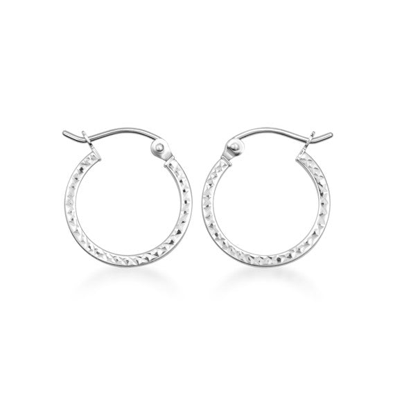 14K White Gold Textured Diamond Cut Hoop Earrings