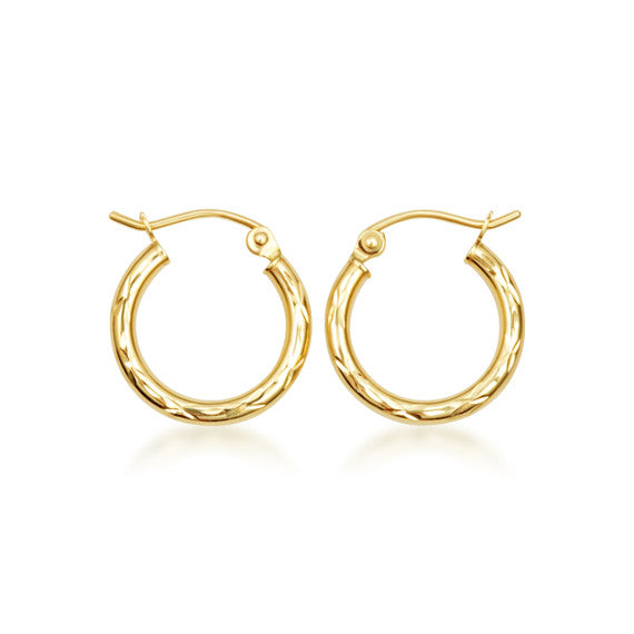 Yellow Gold Textured Cut Tube Hoop Earrings